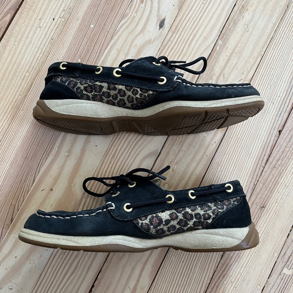 Sperry Top-Sider Angfish Black Leather Leopard Glitter Boat Shoes loafers 6.5 - Picture 6 of 9